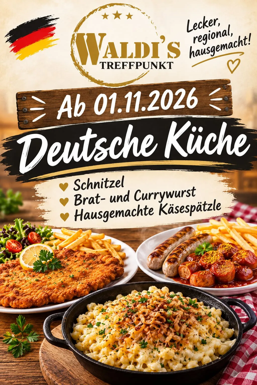 Waldi's Treffpunkt – ab 01.11.2026 Deutsche Küche: Schnitzel, Brat- und Currywurst, hausgemachte Käsespätzle